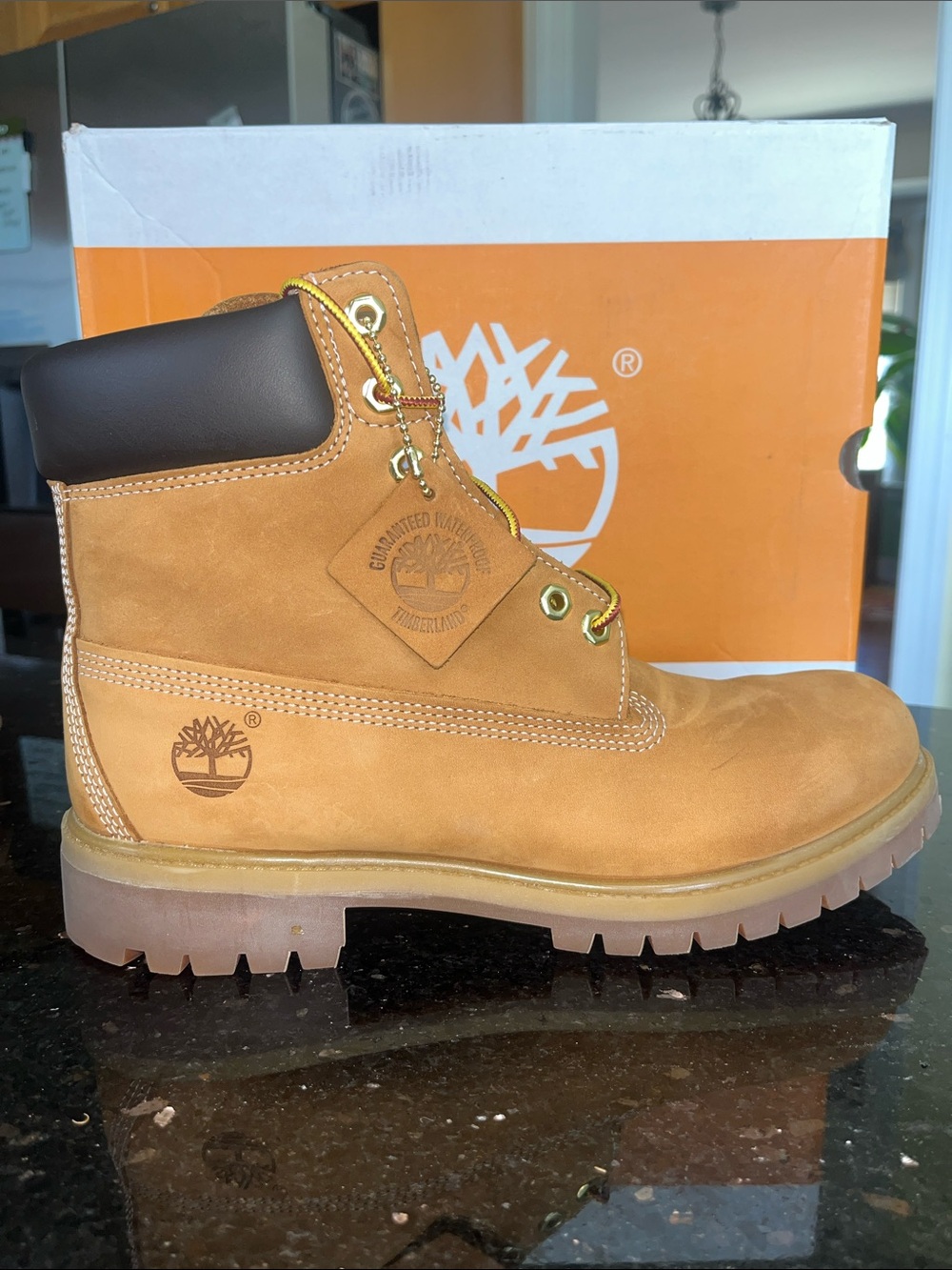 TIMBERLAND MEN’S PREMIUM 6 INCH LACE WATERPROOF WHEAT BOOTS- size 10 (pair #1)
